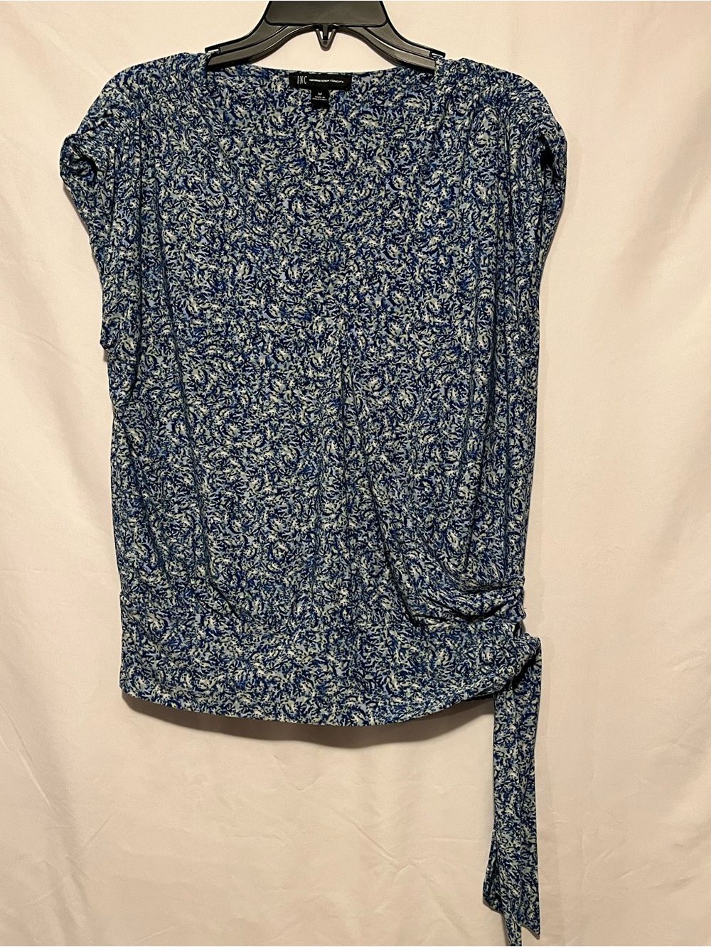 INC International Concepts Blue White Floral Side-Tie Short Sleeve Blouse